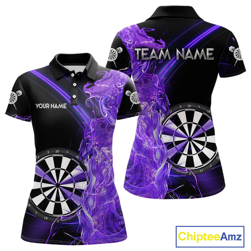 Custom Black And Purple Flame Darts Shirts For Women, Darts Team Jerseys Polo & Quarter Zip Uniform TDM4017