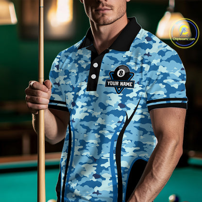 Custom Blue Camouflage 8 Ball Pool Billiard Shirt For Men, Billiard Jersey Outfit, Pool Team Shirt TDM4205