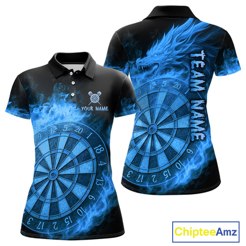 Personalized Blue Dartboard Dragon Flame Darts Shirt For Women Custom Dart Jerseys Polo & 1/4 Zip TDM4070