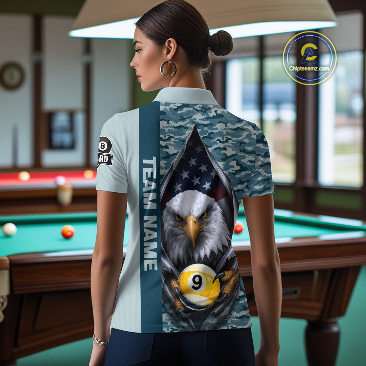 Blue Camo American Flag Eagle 8 Ball & 9 Ball Pool Jersey For Women Custom Billiard Team Shirt TDM4660