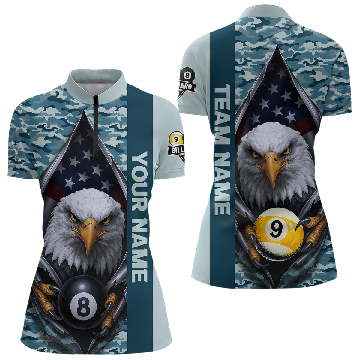 Blue Camo American Flag Eagle 8 Ball & 9 Ball Pool Jersey For Women Custom Billiard Team Shirt TDM4660