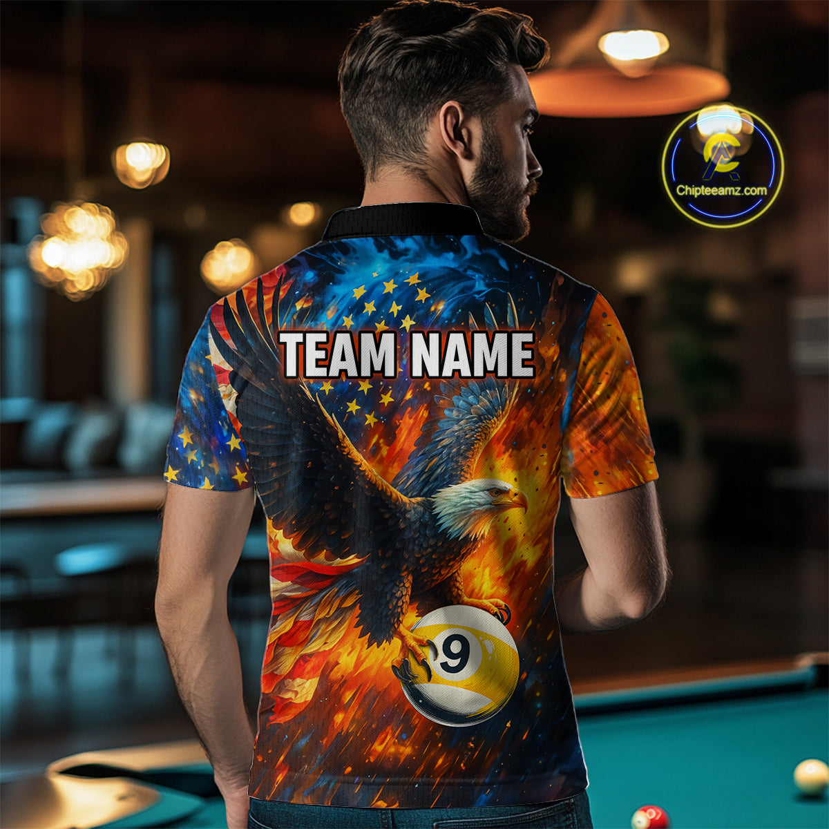 Personalized Orange Flaming US Flag 8 Ball & 9 Ball Eagle Billiard Shirt For Men, Pool Team Jersey TDM4259