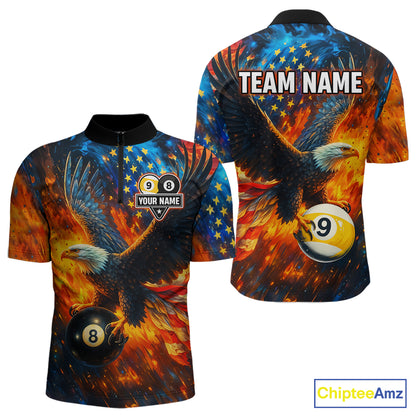 Personalized Orange Flaming US Flag 8 Ball & 9 Ball Eagle Billiard Shirt For Men, Pool Team Jersey TDM4259