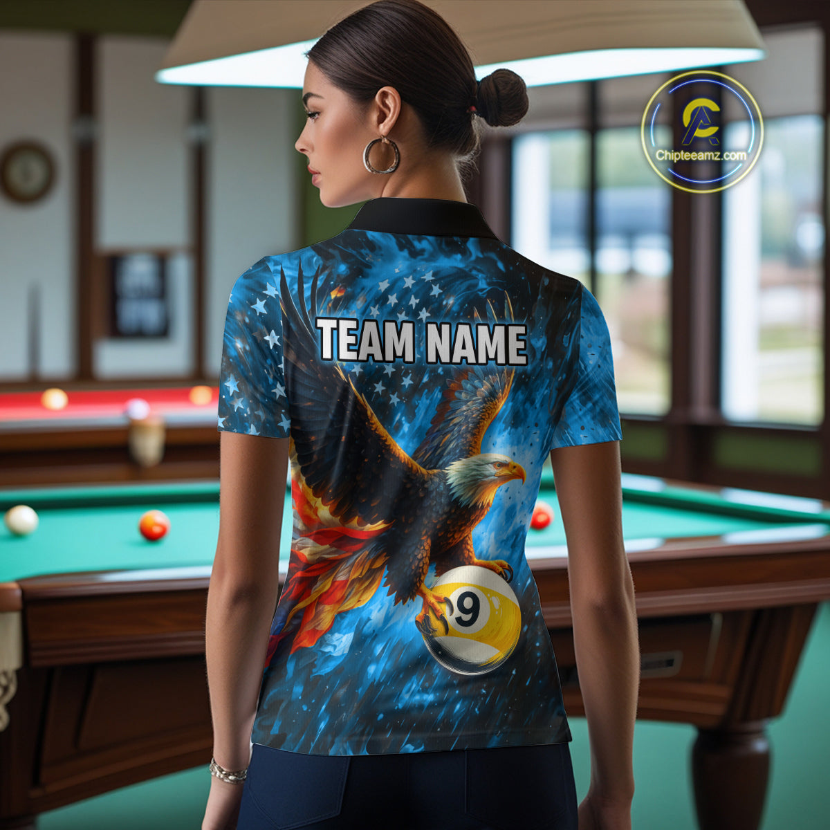 Personalized Blue Flaming US Flag 8 Ball & 9 Ball Eagle Billiard Shirt For Women, Pool Team Jersey TDM4260