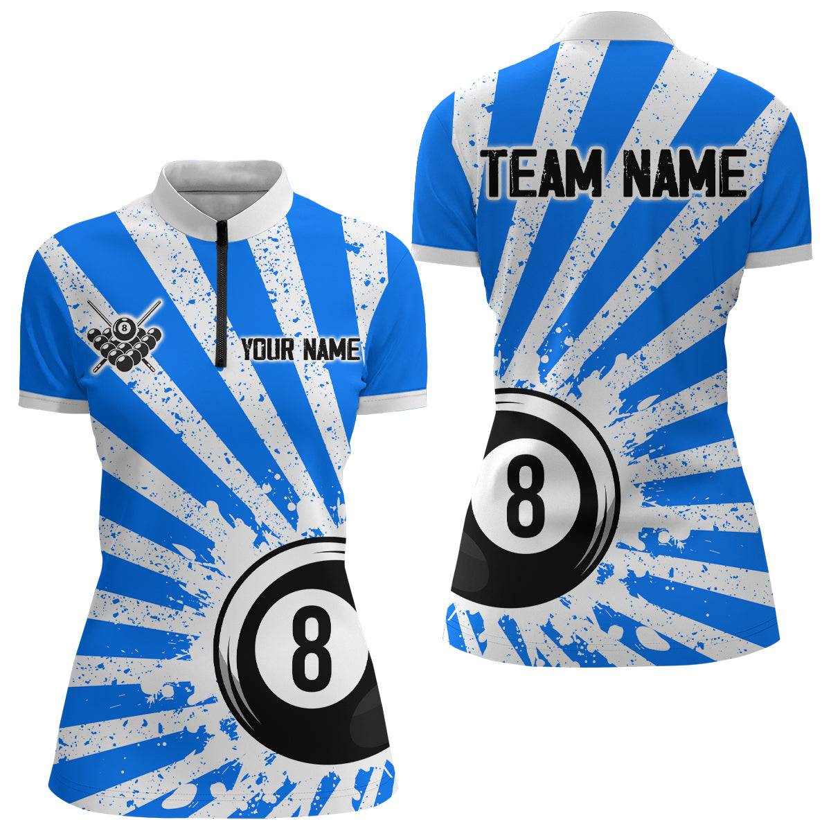 Funny Grunge Billiard 8 Ball Women Polo & Quarter-Zip Shirts Custom Blue 8 Ball Pool Jerseys Attire TDM1694