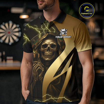 Personalized Golden Grim Reaper Lightning Darts Shirt For Men, Darts Team Jersey Polo &1/4 Zip TDM4271