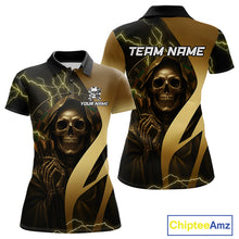 Load image into Gallery viewer, Personalized Golden Grim Reaper Lightning Darts Shirt For Women, Darts Team Jersey Polo &amp;1/4 Zip TDM4271