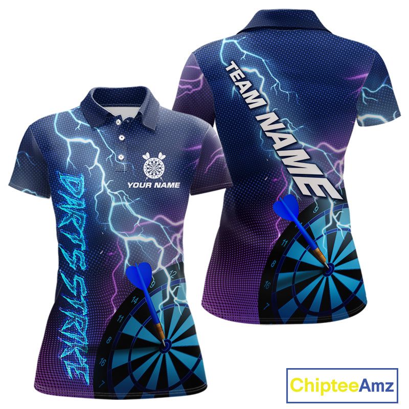 Custom Purple Blue Lightning Strike Dart Shirts For Women, Darts Team Jersey Polo & 1/4 Zip Outfit TDM4140