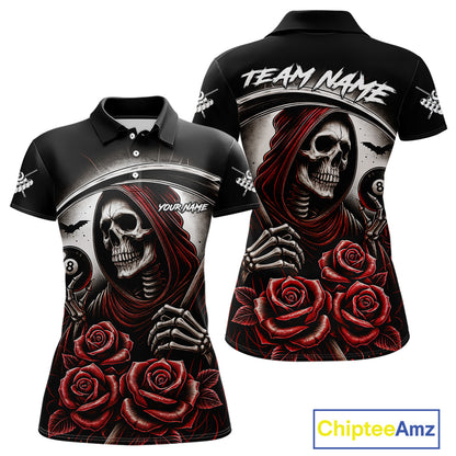 Grim Reaper 8 Ball Pool Roses Billiard Shirt For Women Custom Funny Pool Team Shirt Design |Red TDM4235