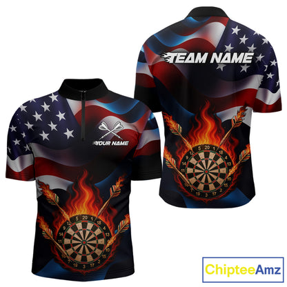 Personalized Flaming Dartboard American Flag Darts Shirt For Men Custom Patriotic Dart Team Jersey TDM4682