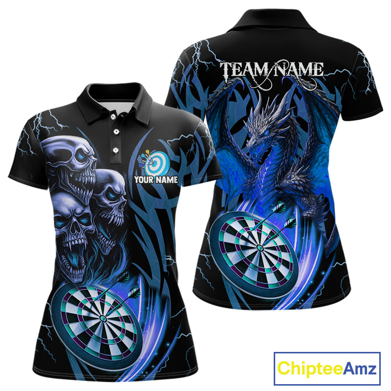 Personalized Skull & Dragon Darts Shirt For Women Custom Lightning Dartboard Team Jersey |Blue TDM4536