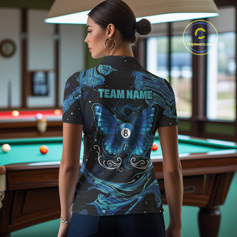 Custom Teal Blue Marble Billiard Shirt For Women, 8 Ball Butterfly Pool Team Jersey Polo & 1/4 Zip TDM4776