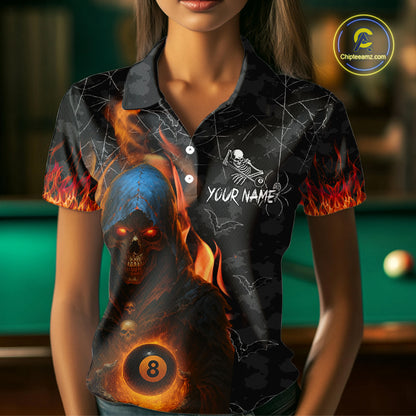 Personalized Grim Reaper Halloween Billiard Shirt For Women Custom Pumpkin 8 Ball Pool Team Jersey TDM4787