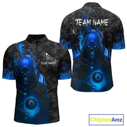 Customized Blue Flaming Grim Reaper 8 Ball Pool Billiard Shirt For Men, Halloween Billiard Outfit TDM4789