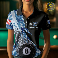 Load image into Gallery viewer, Woman wearing personalized flame 8 ball pool military blue camo billiard polo shirt front view.