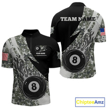 Load image into Gallery viewer, Personalized flame 8 ball pool military grey camo billiard quarter zip shirt for men, custom military camo pool team jersey and league apparel.