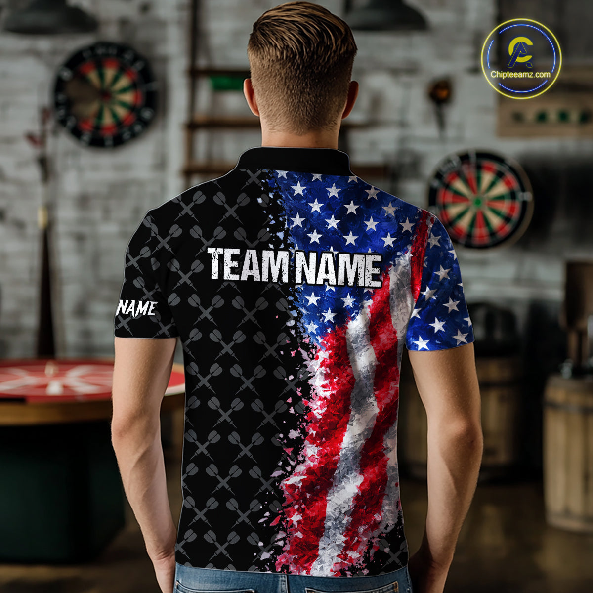 Grunge American Flag Darts Shirt For Men Custom Darts Jersey Pocket Option TDM5890
