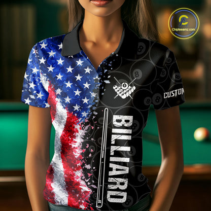 Grunge American Flag 8 Ball Pool Billiard Shirt For Women Custom Billiard Team Jersey Polo & 1/4 Zip TDM5891