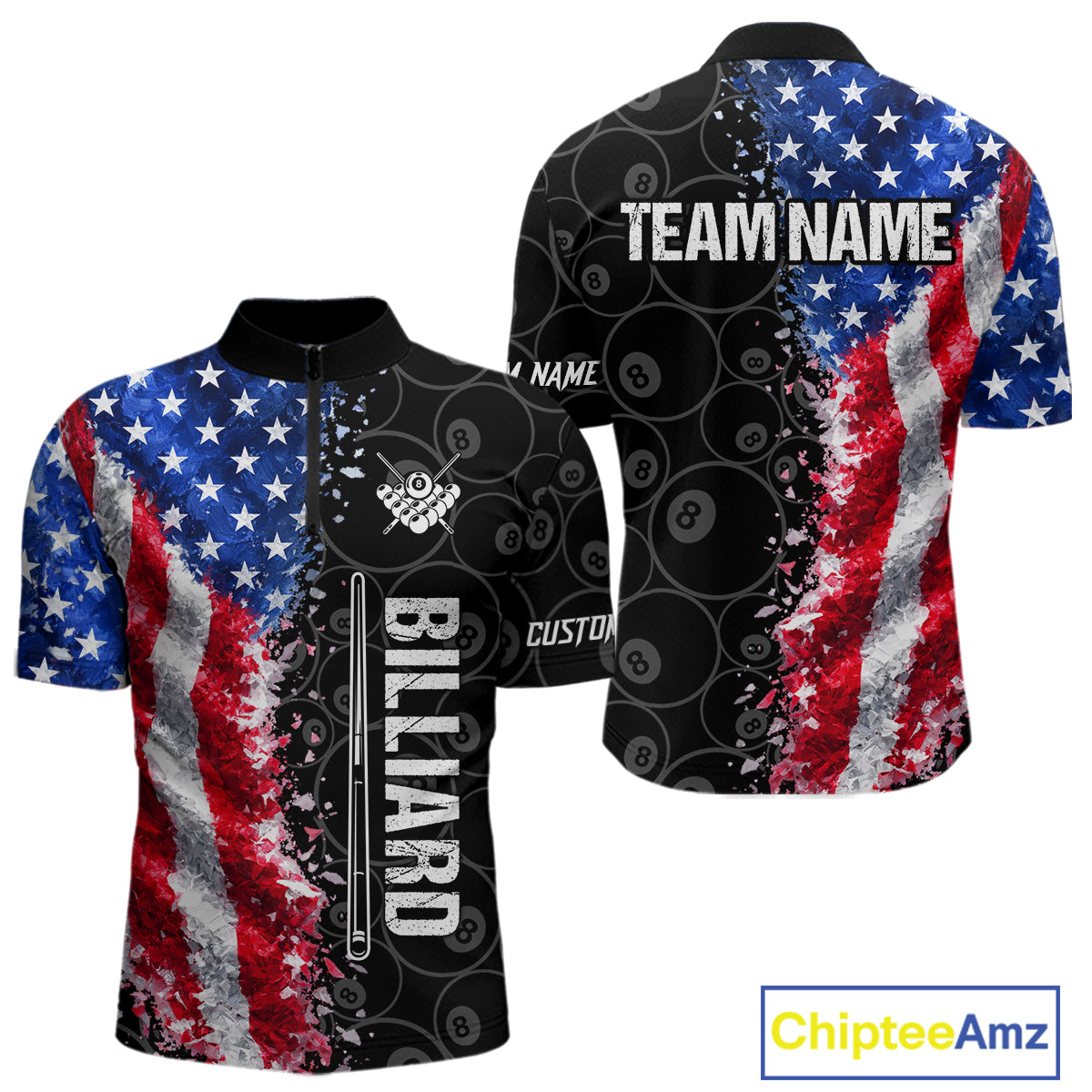 Grunge American Flag 8 Ball Pool Billiard Shirt For Men Custom Billiard Team Jersey Polo & 1/4 Zip TDM5891