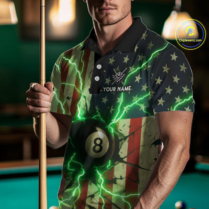 Green 8 Ball Lightning American Flag Billiard Shirt For Men Custom Patriotic Pool Team Jersey TDM5402