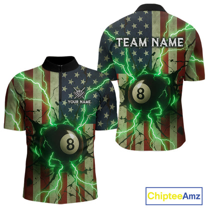 Green 8 Ball Lightning American Flag Billiard Shirt For Men Custom Patriotic Pool Team Jersey TDM5402