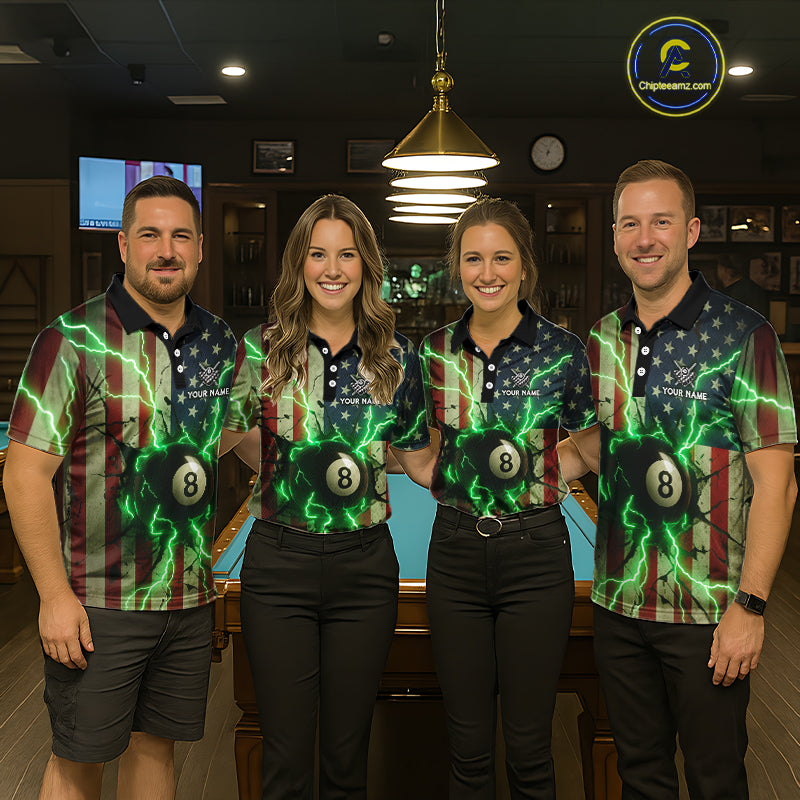 Green 8 Ball Lightning American Flag Billiard Shirt For Men Custom Patriotic Pool Team Jersey TDM5402