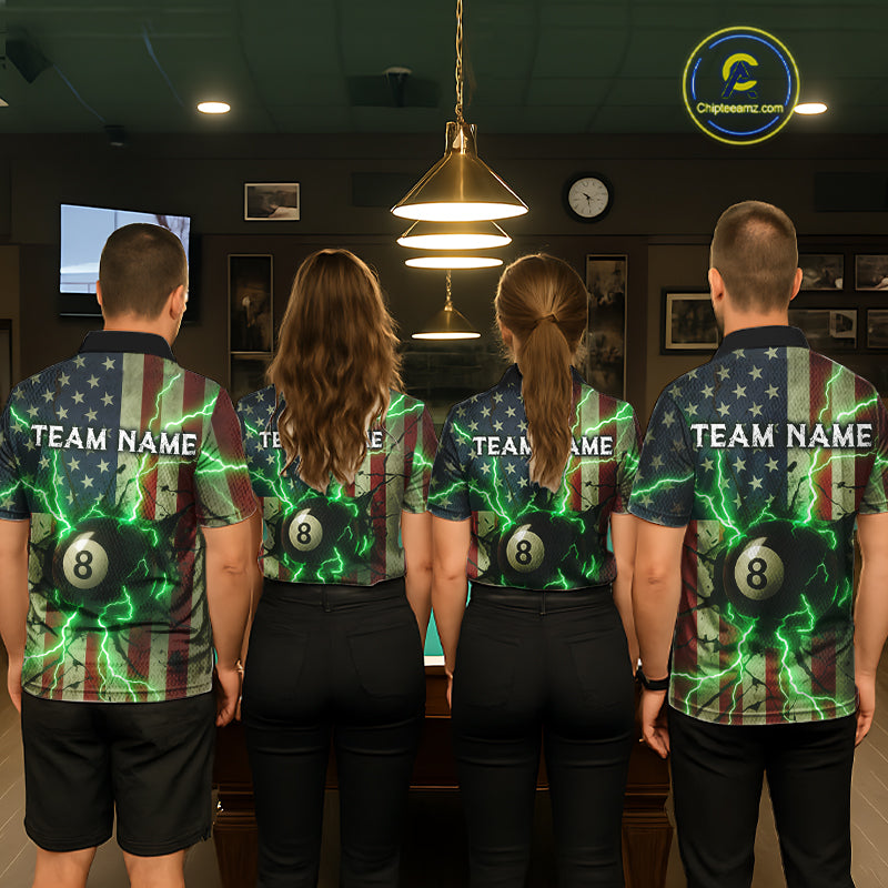 Green 8 Ball Lightning American Flag Billiard Shirt For Men Custom Patriotic Pool Team Jersey TDM5402