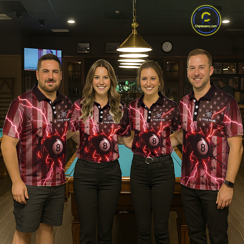 Red 8 Ball Lightning American Flag Billiard Shirt For Men Custom Patriotic Pool Team Jersey TDM5403