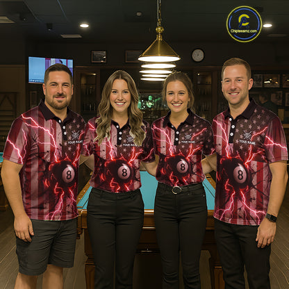 Red 8 Ball Lightning American Flag Billiard Shirt For Men Custom Patriotic Pool Team Jersey TDM5403