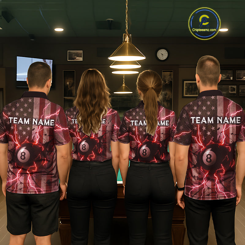 Red 8 Ball Lightning American Flag Billiard Shirt For Men Custom Patriotic Pool Team Jersey TDM5403