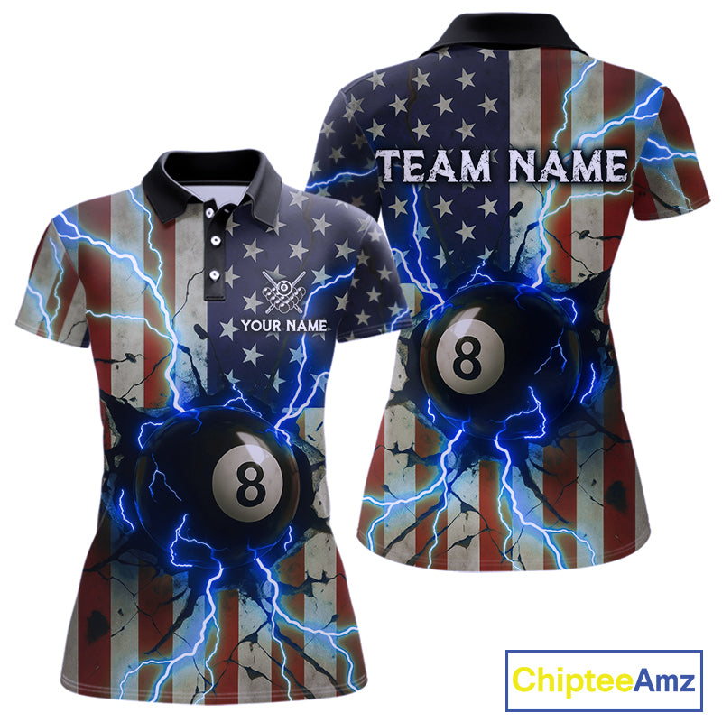 Blue 8 Ball Lightning American Flag Billiard Shirt For Women Custom Patriotic Pool Team Jersey TDM5404
