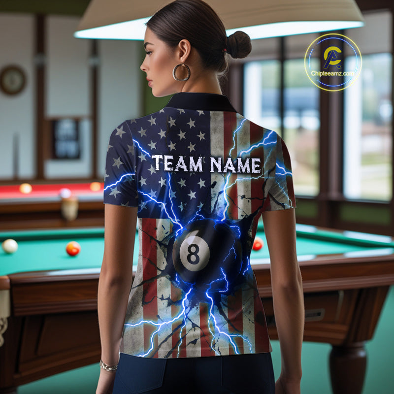 Blue 8 Ball Lightning American Flag Billiard Shirt For Women Custom Patriotic Pool Team Jersey TDM5404