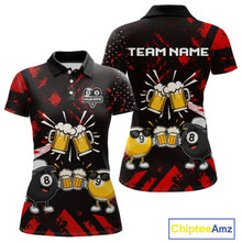 Load image into Gallery viewer, Black red funny beer 8 ball and 9 ball pool billiard team jersey polo shirt for women featuring a humorous beer-themed design, custom pool league apparel with premium performance fabric for tournaments and league competition.
