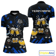 Load image into Gallery viewer, Black blue funny beer 8 ball and 9 ball pool billiard team jersey quarter zip shirt for women featuring a funny beer design, custom billiard league apparel for competitive pool players.