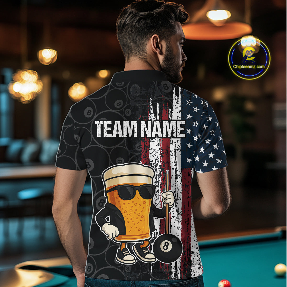 Vintage American Flag Funny Beer Billiard Shirt For Men Custom Patriotic 8 Ball Pool Team Jersey TDM5426
