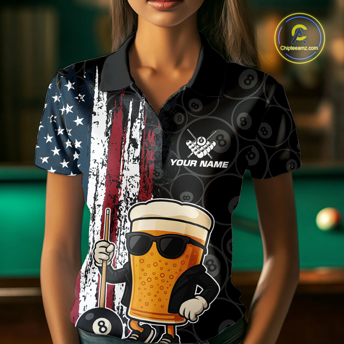 Vintage American Flag Funny Beer Billiard Shirt For Women Custom Patriotic 8 Ball Pool Team Jersey TDM5426