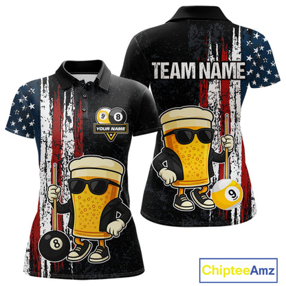 Funny Beer 8 Ball & 9 Ball American Flag Billiard Shirt For Women Custom Patriotic Pool Team Jersey TDM5427