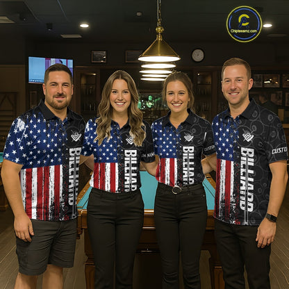 Grunge American Flag 8 Ball Pool Billiard Shirt For Men Custom Patriotic Billiard Team Jersey TDM5428