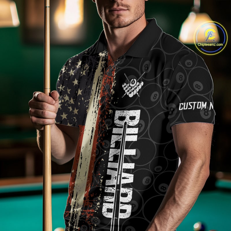 Vintage American Flag 8 Ball Pool Billiard Shirt For Men Custom Patriotic Billiard Team Jersey TDM5429