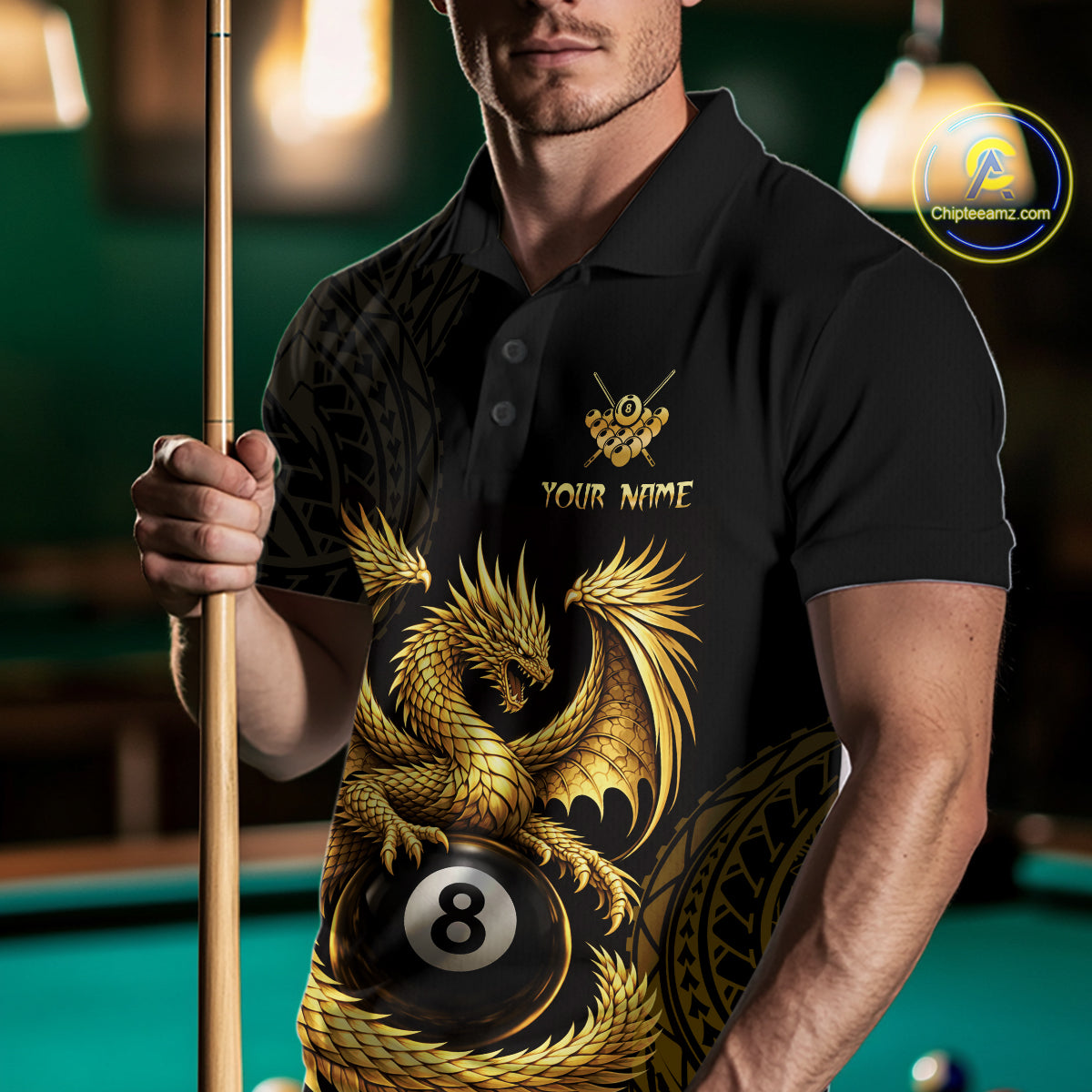 Black And Golden Custom Dragon Billiard Shirt For Men, 8 Ball Pool Team Jersey Polo & 1/4 Zip TDM6058