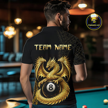 Black And Golden Custom Dragon Billiard Shirt For Men, 8 Ball Pool Team Jersey Polo & 1/4 Zip TDM6058