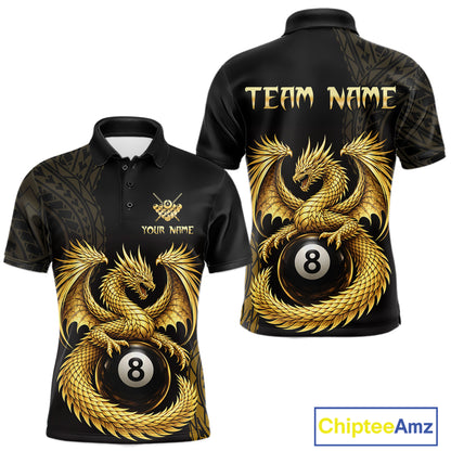 Black And Golden Custom Dragon Billiard Shirt For Men, 8 Ball Pool Team Jersey Polo & 1/4 Zip TDM6058