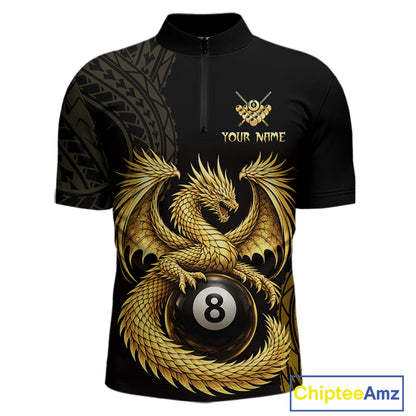 Black And Golden Custom Dragon Billiard Shirt For Men, 8 Ball Pool Team Jersey Polo & 1/4 Zip TDM6058