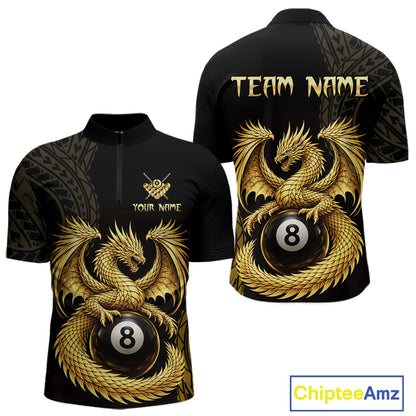 Black And Golden Custom Dragon Billiard Shirt For Men, 8 Ball Pool Team Jersey Polo & 1/4 Zip TDM6058