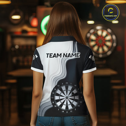 Black And White Darts Shirts With Pocket Option For Women Custom Darts Jersey TDM6487