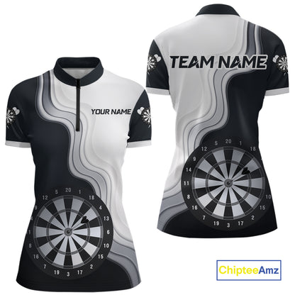 Black And White Darts Shirts With Pocket Option For Women Custom Darts Jersey TDM6487