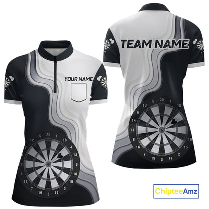 Black And White Darts Shirts With Pocket Option For Women Custom Darts Jersey TDM6487