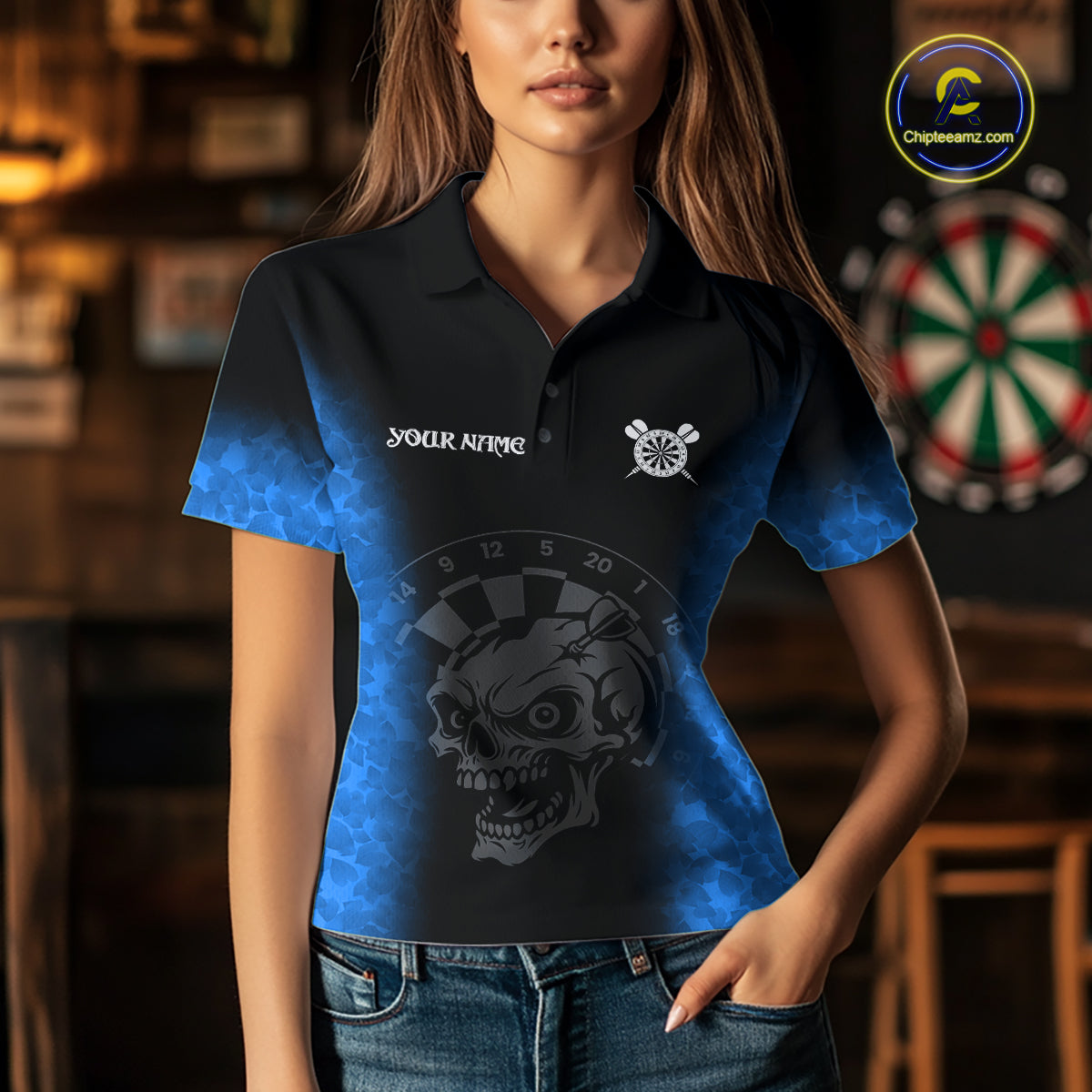 Black And Blue Custom Skull Darts Shirt For Women, Darts Jersey Pocket Option TDM5439