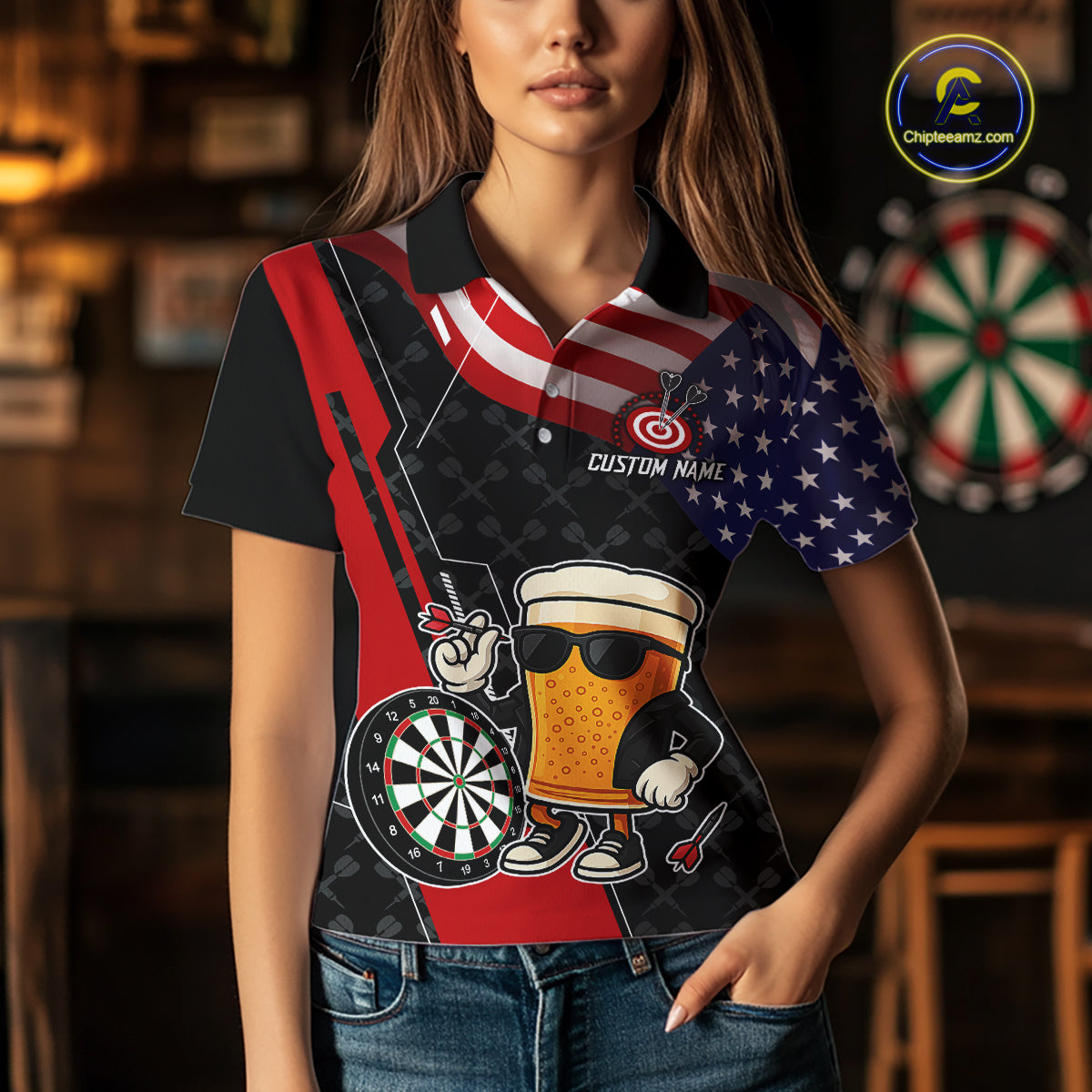 Funny Beer American Flag Darts Shirt For Women Custom Patriotic Darts Team Jersey Polo & 1/4 Zip TDM6062