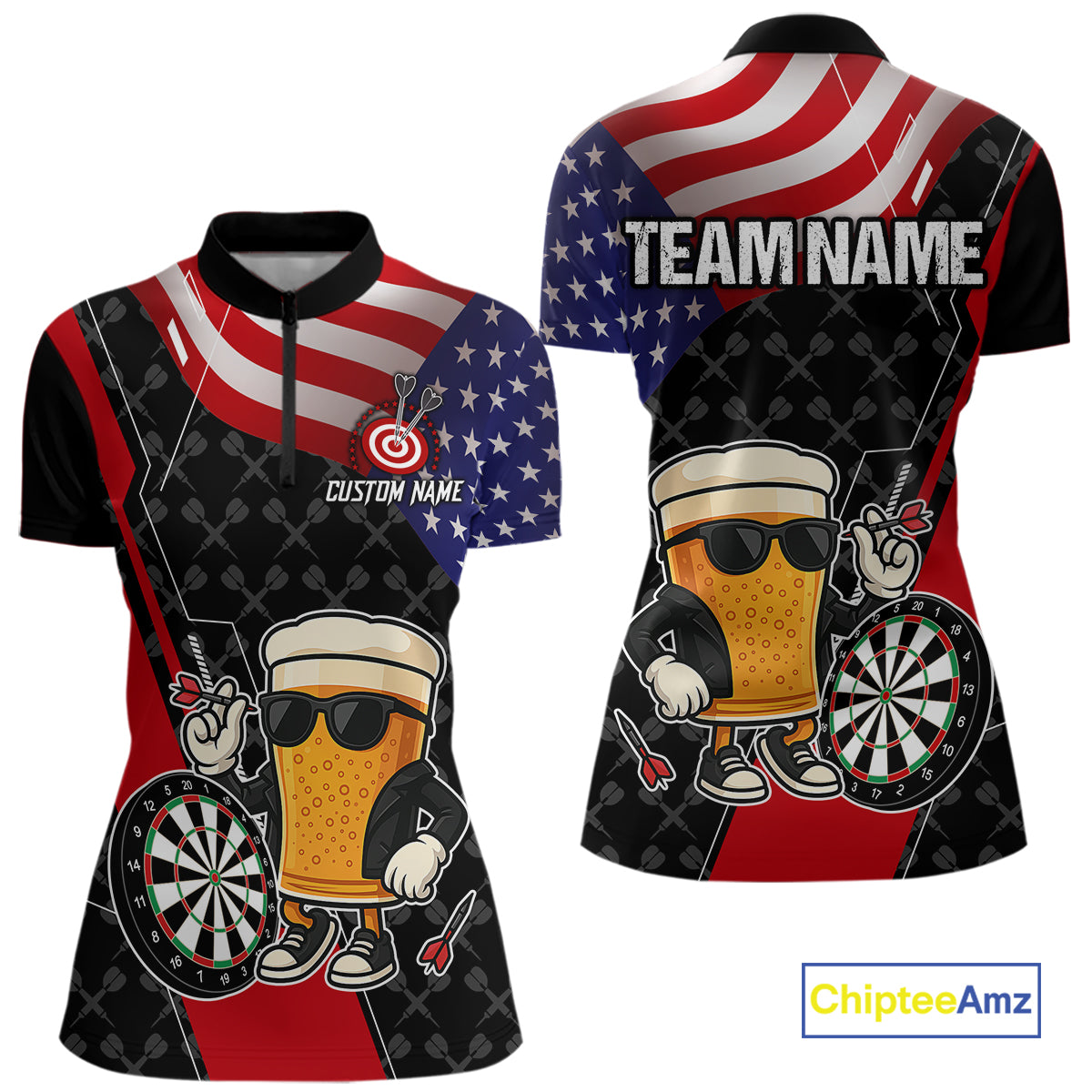 Funny Beer American Flag Darts Shirt For Women Custom Patriotic Darts Team Jersey Polo & 1/4 Zip TDM6062